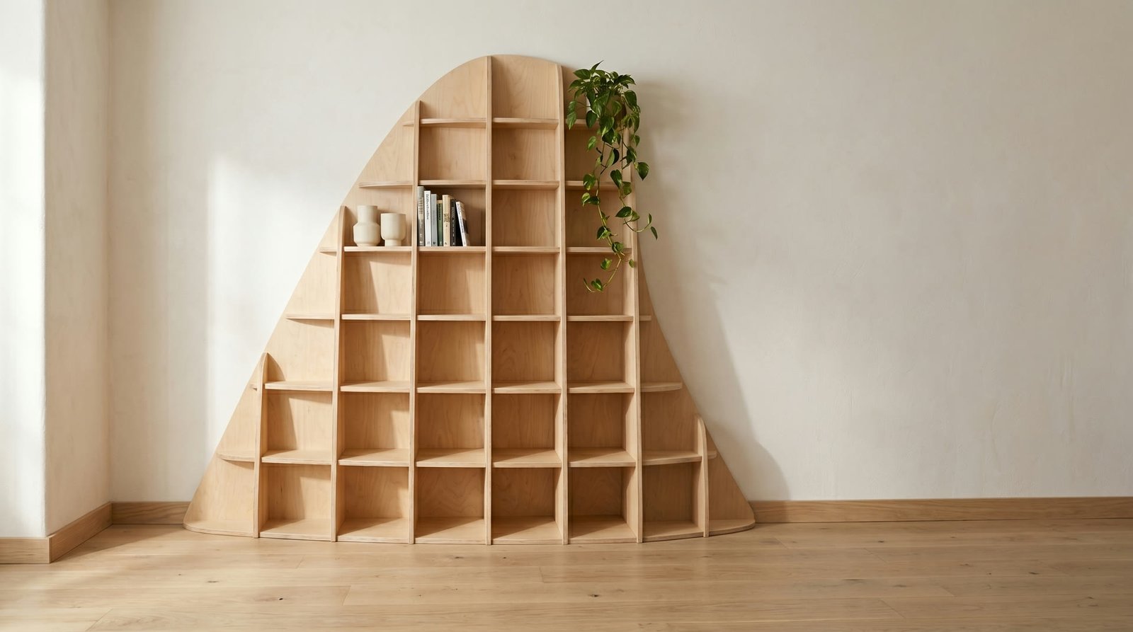 A tall dome-shaped plywood shelf rising in a bright corner
