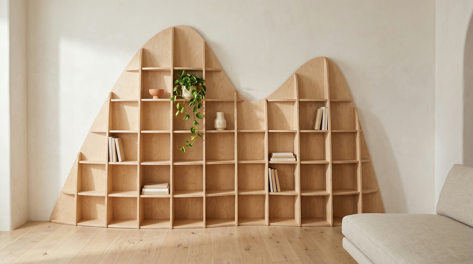 A twin-peaked sculptural plywood shelf, two rounded summits with a valley between