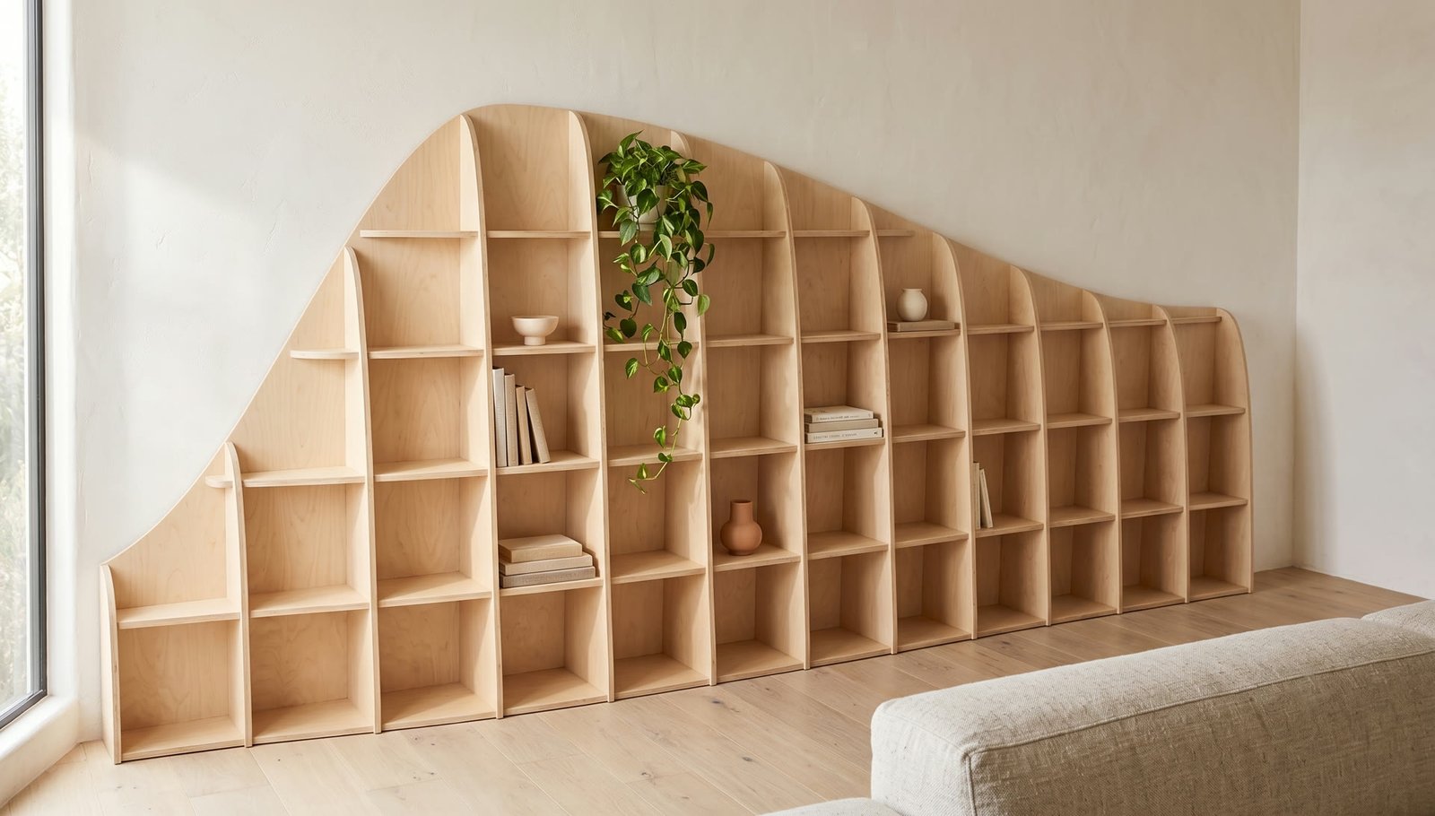 A sculptural plywood wall shelf sweeping down like a hillside across a sunlit living-room wall