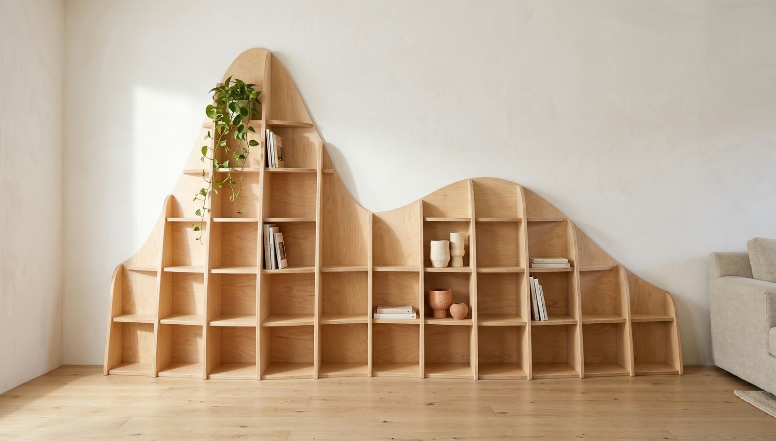 An asymmetric two-swell plywood shelf running low along a wall